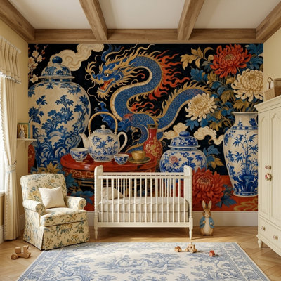 Papier peint asiatique chinois, fresque murale en porcelaine bleue et blanche représentant un dragon