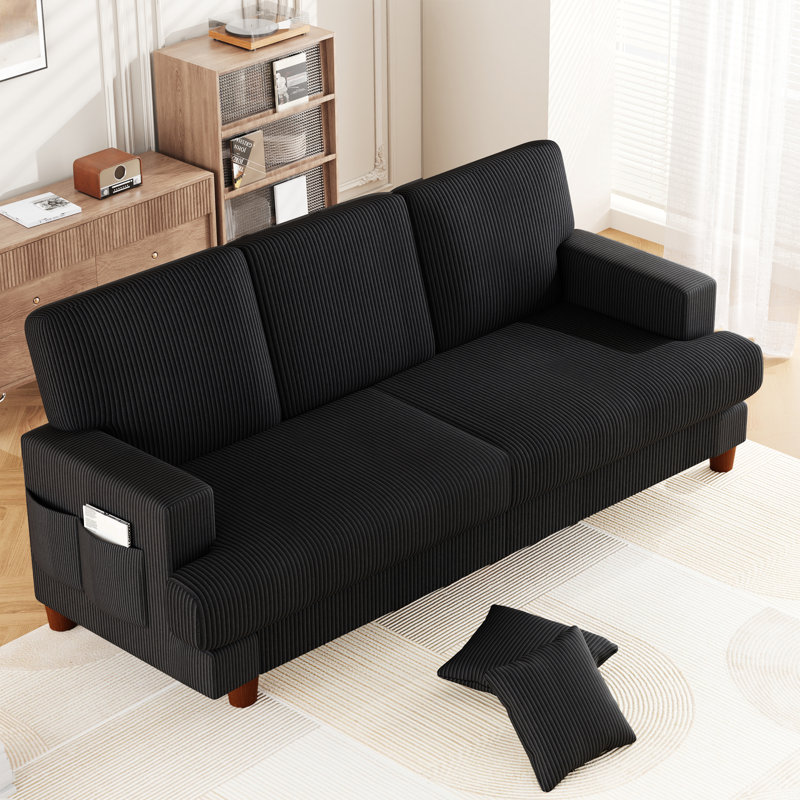 220cm Corduroy Sofa with 3 Seats, No Tool Assembly,Solid Wood Frame and Solid Wood Legs, Black