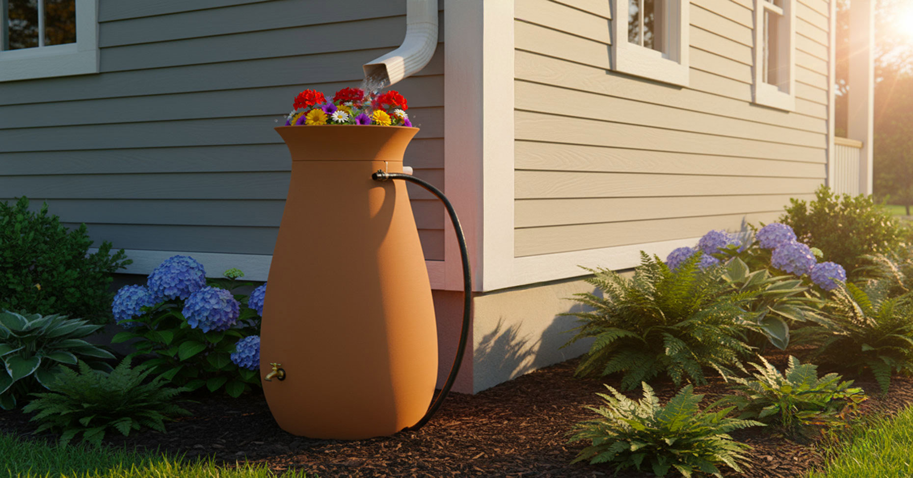 Algreen rain barrel on patio with flowers