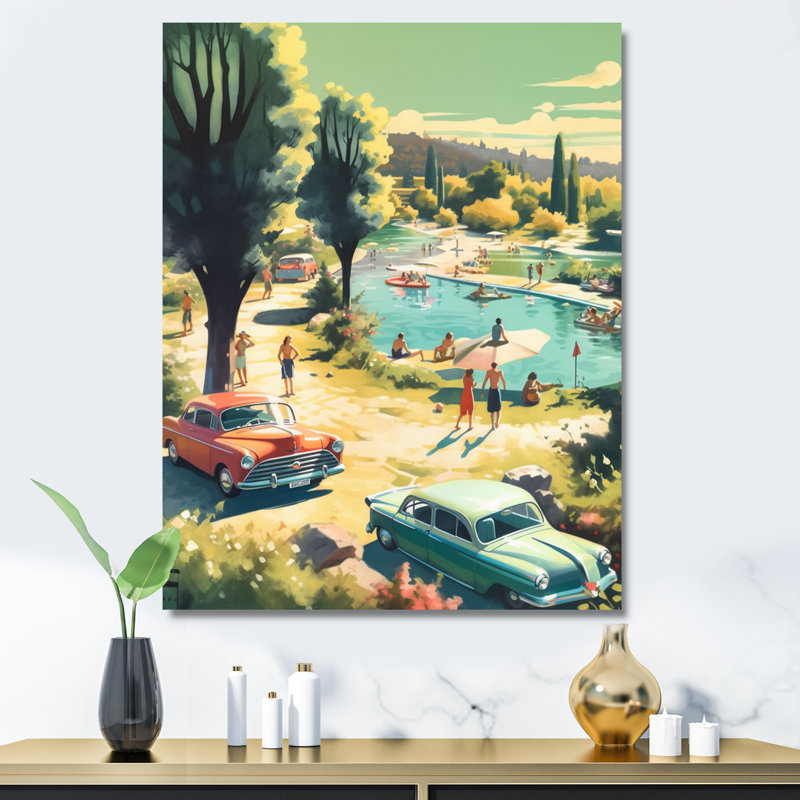 50's Vintage Cars By The Beach II - Retro Car, impressions sur toile, H 44 po x l 34 po, Toile tendue