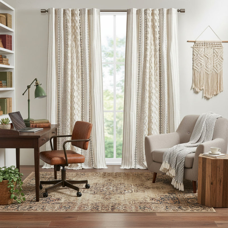 Panneau de rideau en coton avec rayure en chenille et doublure ivoire 50 x 95 po