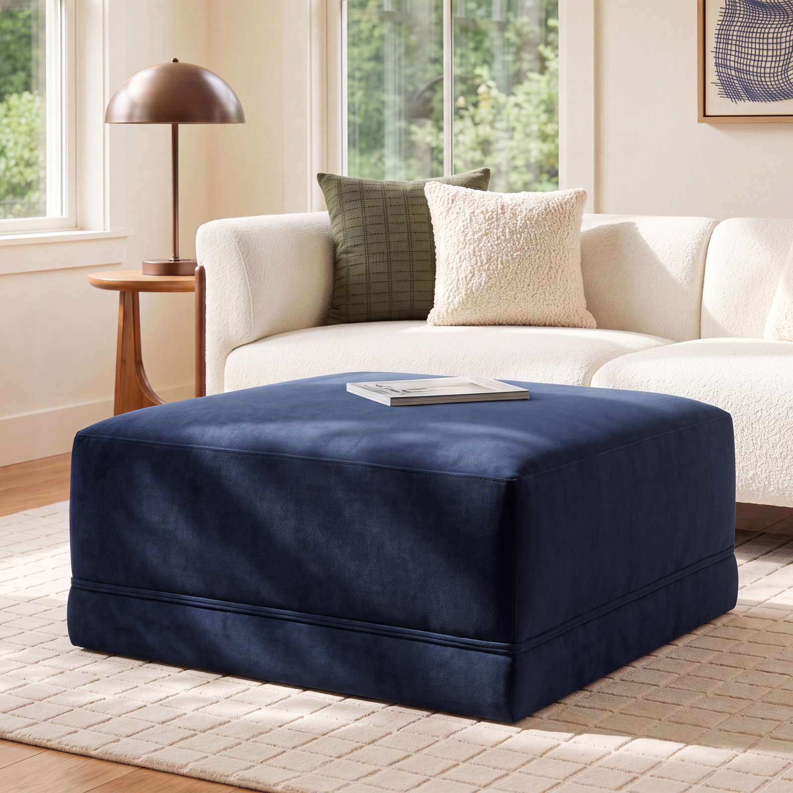 Deirdre Upholstered Velvet Ottoman, Navy Velvet