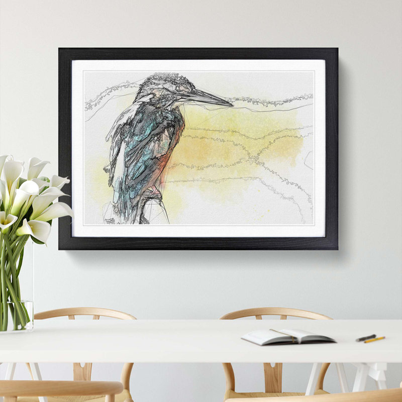 Blue Kingfisher in Abstract - Picture Frame Drawing Print, 62cm H x 87cm W x 2cm D, Black Framed
