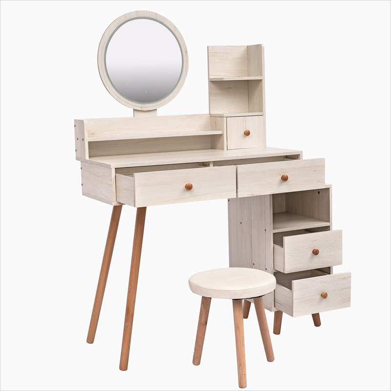 Meuble-lavabo de chambre à coucher, coiffeuse avec tabouret rembourré et miroir DEL, Chêne blanc américan