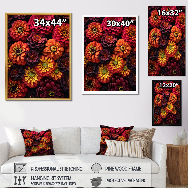 Zinnia orange, rose et fleurs, Noir, H 40 po x l 30 po x P 1,5 po