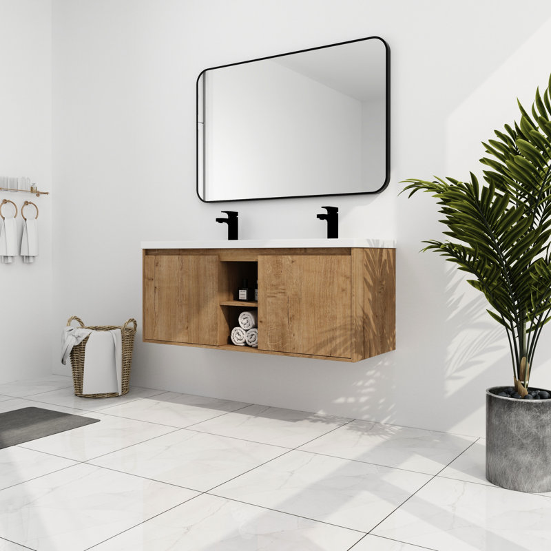 Meuble-lavabo mural 48 po avec deux lavabos - Plateau de porte à fermeture douce