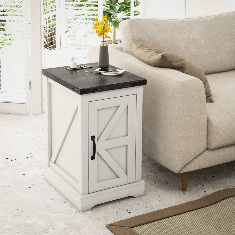 Table d'appoint blanche vieillie avec fonction de chargement et station de rangement, style salon
