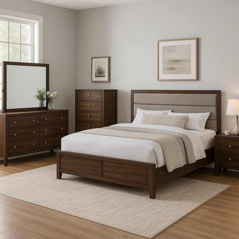 Ensemble de chambre avec très grand lit 5 pièces Yels, revêtement gris, bois brun noyer, Grand