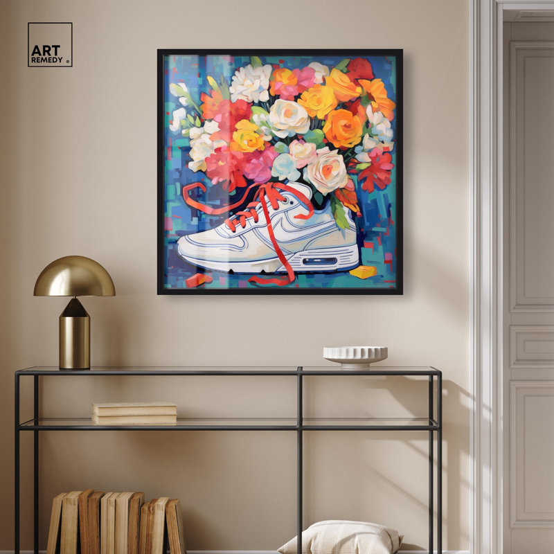Art mural fantaisiste Sneaker avec fleurs, H 31 po x l 31 po, Noir