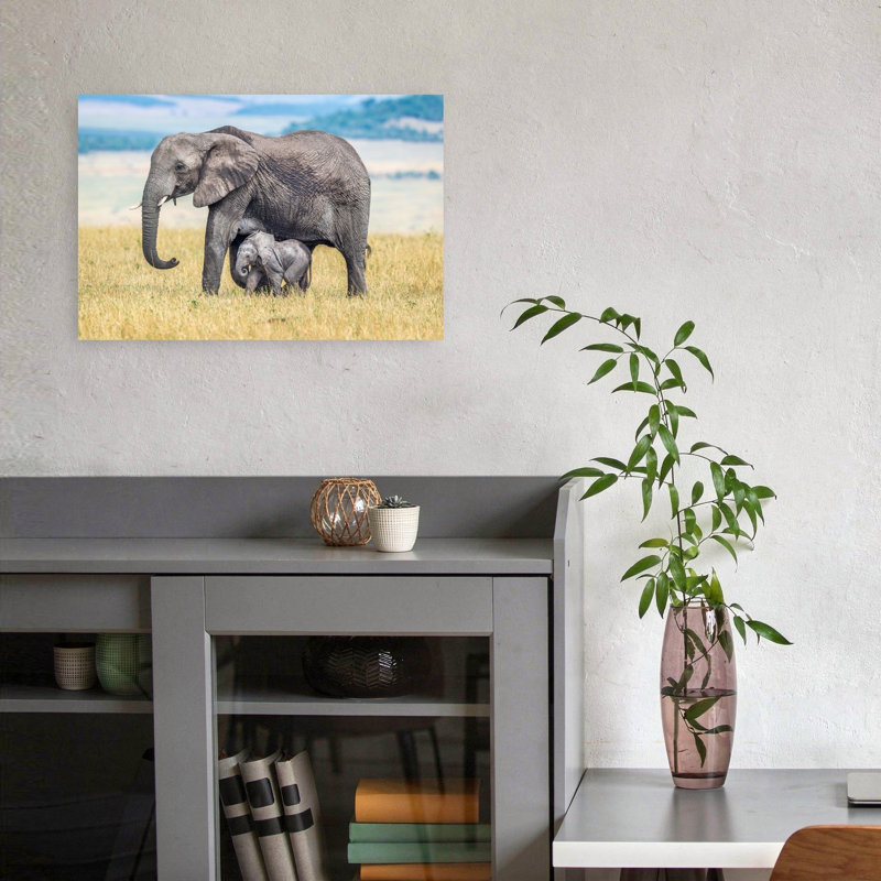 Elephant Mother And Calf Peaceful Contemporary Elephant Nature Wildlife Wall Art Print by Jeffrey C. Sink - 1 Piece Wrapped Canvas Wall Art