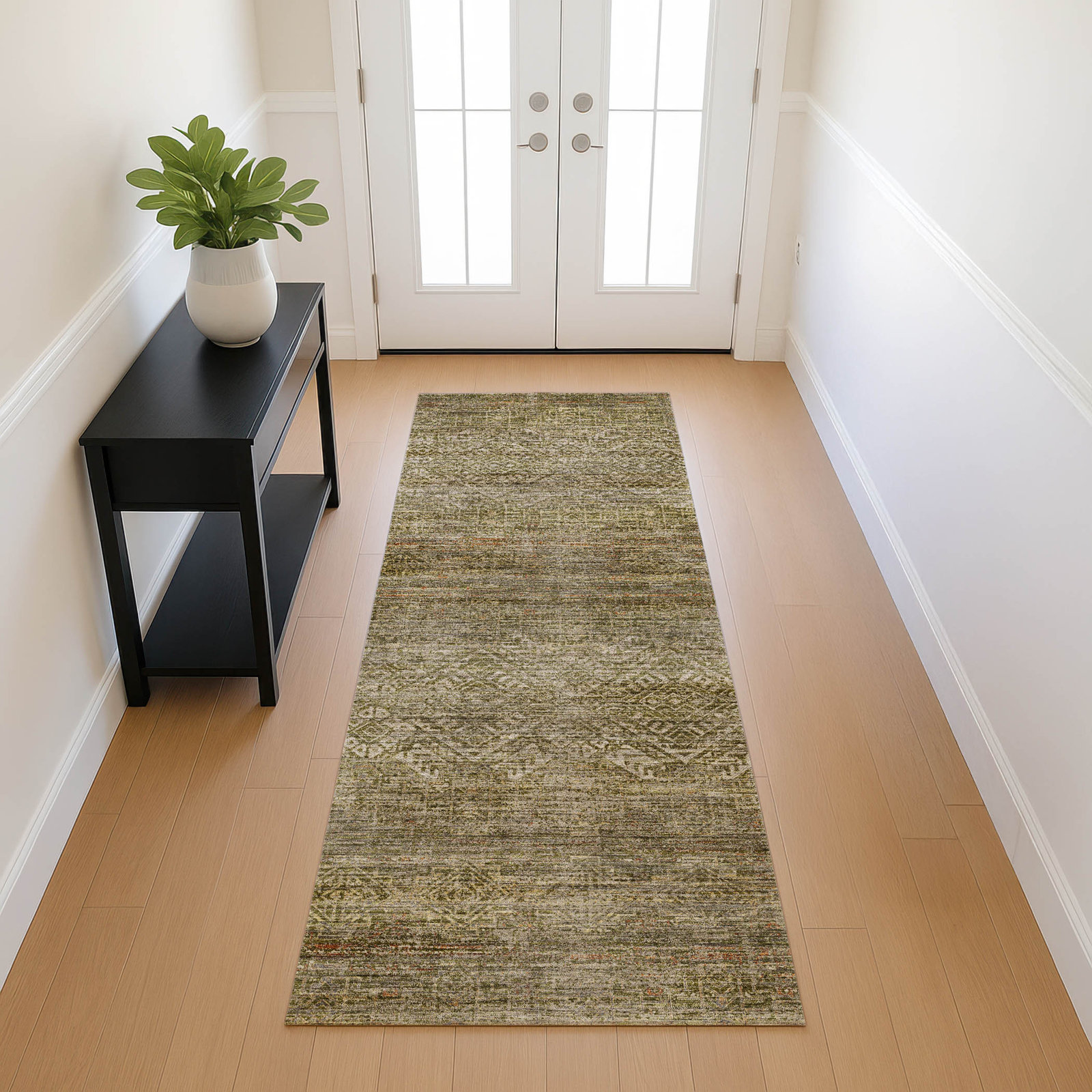 Premium Machine Washable Tirico Casual Rug, Olive, 2'3" x 7'6" Runner