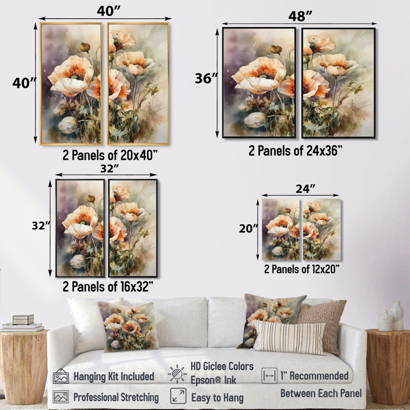 Pivoines oranges en fleurs II - décoration murale orange 2 panneaux, Impression encadrée flottante, 36'' H x 48'' W, Black
