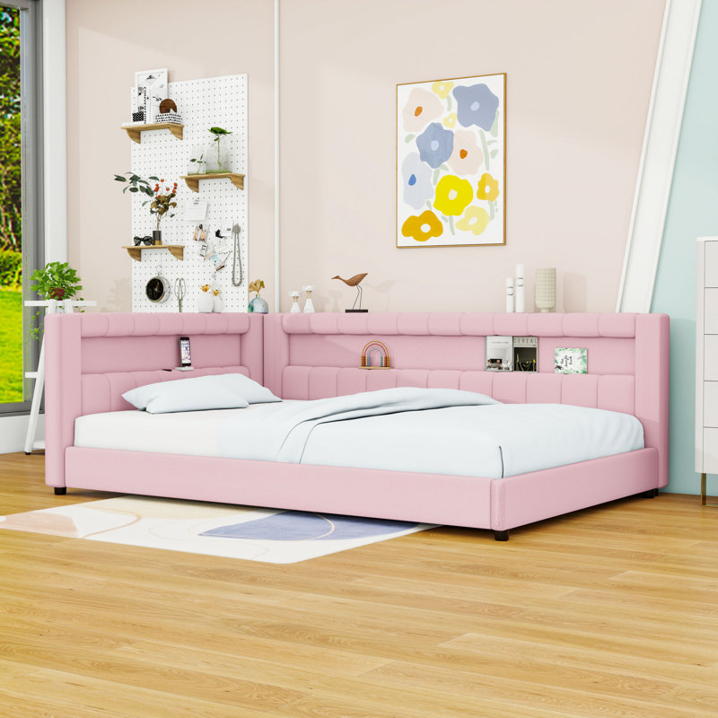 Upholstered Daybed with USB Ports and LED, Pink, Full XL