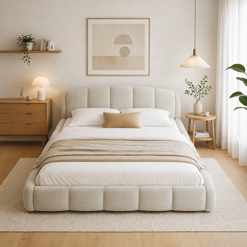 Élégante base de lit tapissier en chenille élégante, tête de lit épaisse incurvée, pied de lit enveloppé, profil bas, pas de sommier tapissier, assemblage facile
