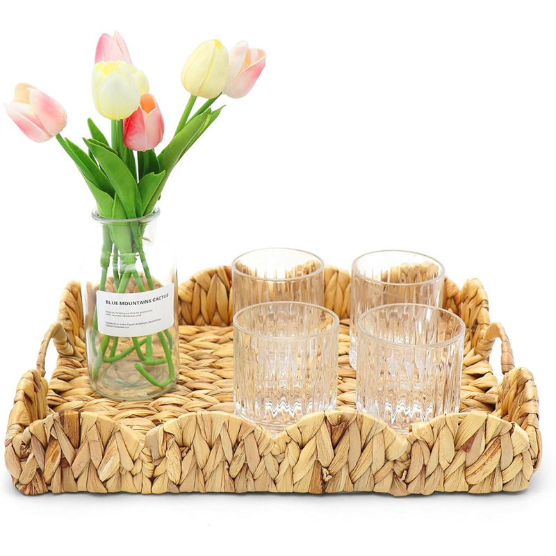 Plateau de service rectangulaire festonné avec poignées en osier et plateau en rotin pour déco boho, jacinthe d'eau pour plateaux pour table basse, aliments, fruits, biscuits, rangement pour garde-manger, repose-pieds, cuisine et fêtes