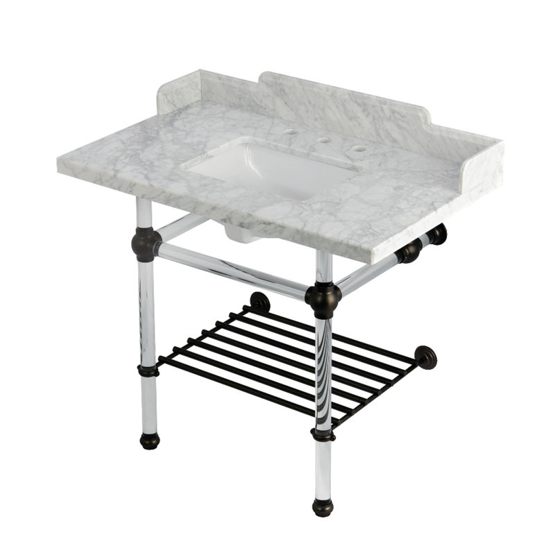Kingston Brass Pemberton 36-Inch Carrara Marble Console Sink with Acrylic Legs and Shelf (8-Inch, 3-Hole), Brushed Nickel