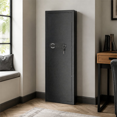 Armoire à fusils murale dissimulée à 4 niveaux, noire, 43,4 po H, en acier laminé à froid Q235, avec clé à code, éclairage DEL, étagères réglables et porte-clés pour argent, bijoux et passeport.
