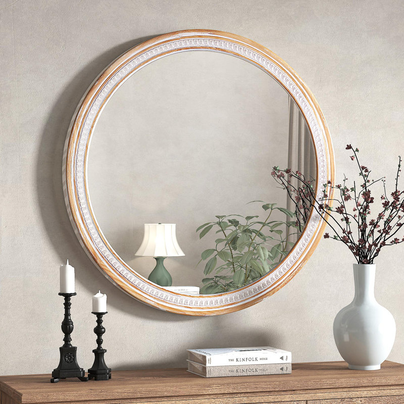 Miroir mural 30 po rond en bois massif de style campagnard, miroirs décoratifs rustiques Boho Circle pour salle de bain, miroir mural Shabby Chic