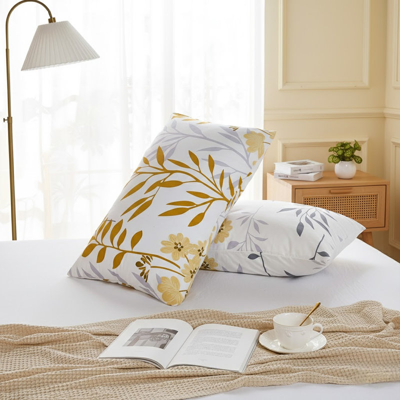 Standard Size Pillowcases Set of 2, 100% Cotton Pillow Cases, Yellow Floral Print, Soft Breathable Envelope Closure Pillow Covers(Standard, 20"x26")