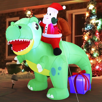 6ft Christmas Inflatable Dinosaur with Santa, Blow Up Dinosaur with Build-in LEDs