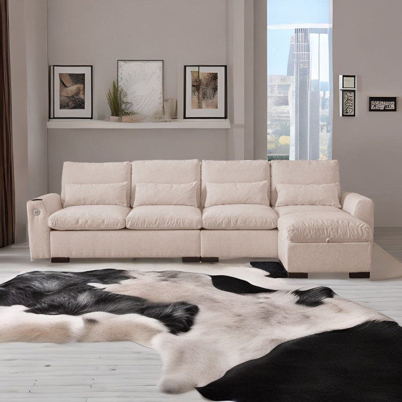 Canapé en L en chenille avec ports USB et porte-gobelet, Chenille beige