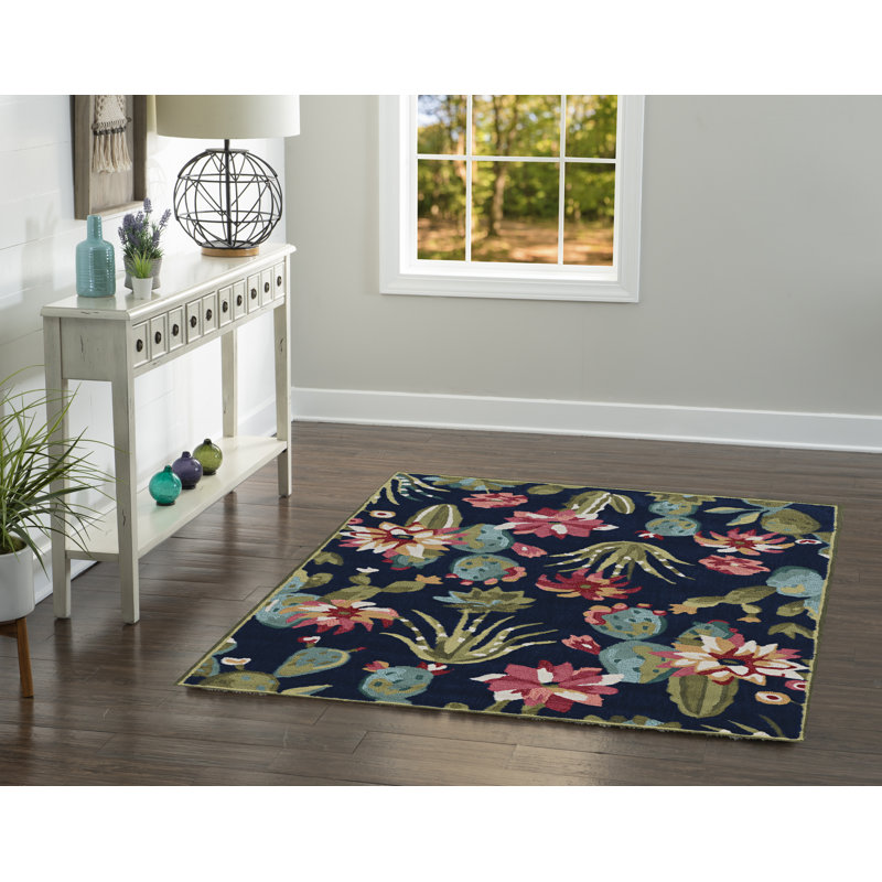 Mehcad Floral Handmade Tufted Navy/Green/Pink Area Rug, Rectangle 8' x 10'