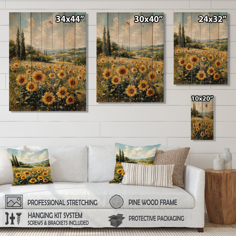 Champ de tournesols blanc éclairé blanc pré - tournesols, décoration murale - sur bois de pin naturel