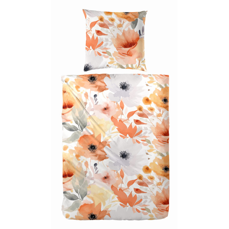 Rikisha Cotton Floral Duvet Cover Set with Pillow Shams, Single Duvet Cover + 1 Standard Pillowcase, Grey/Purple