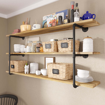 60" Pipe Shelves, Wood Shelving Unit, Wall Shelves for Books, Long Wall Shelf, Burnt, 3-Tier, 3pcs Solid Wood Boards Included