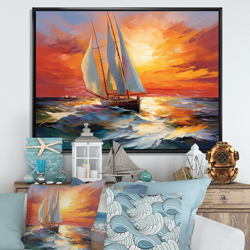 Minimalism Sailboat Rhythms VI - Sailing Boat Wall Art Prints, Cadre flottant noir, H 16 po x l 32 po x P 1 po