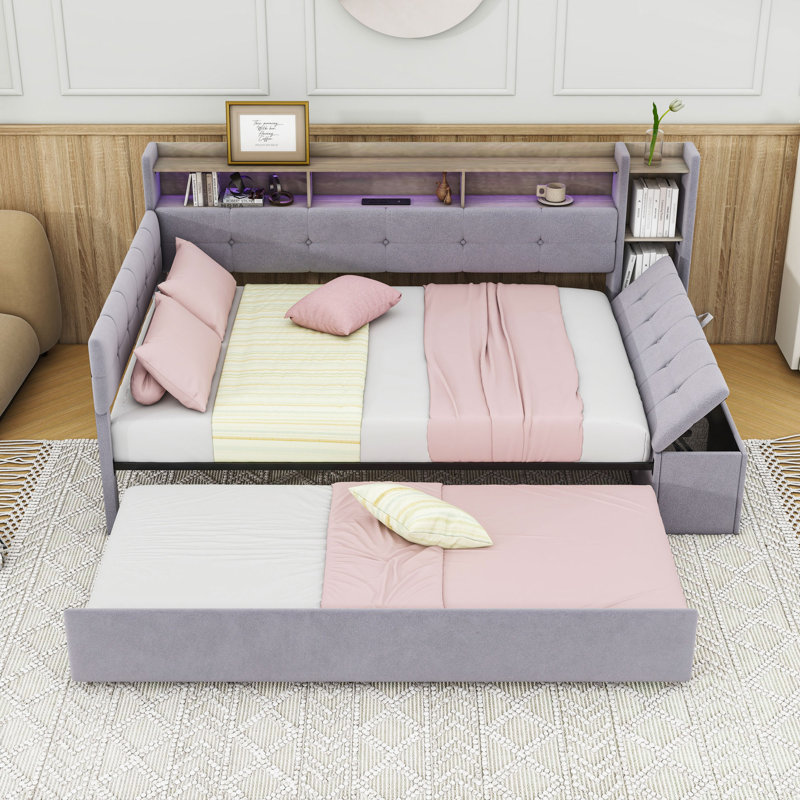 Upholstered Daybed with Twin Trundle, Multi-Functional Storage, USB Ports, and LED Lighting, Full, Gray