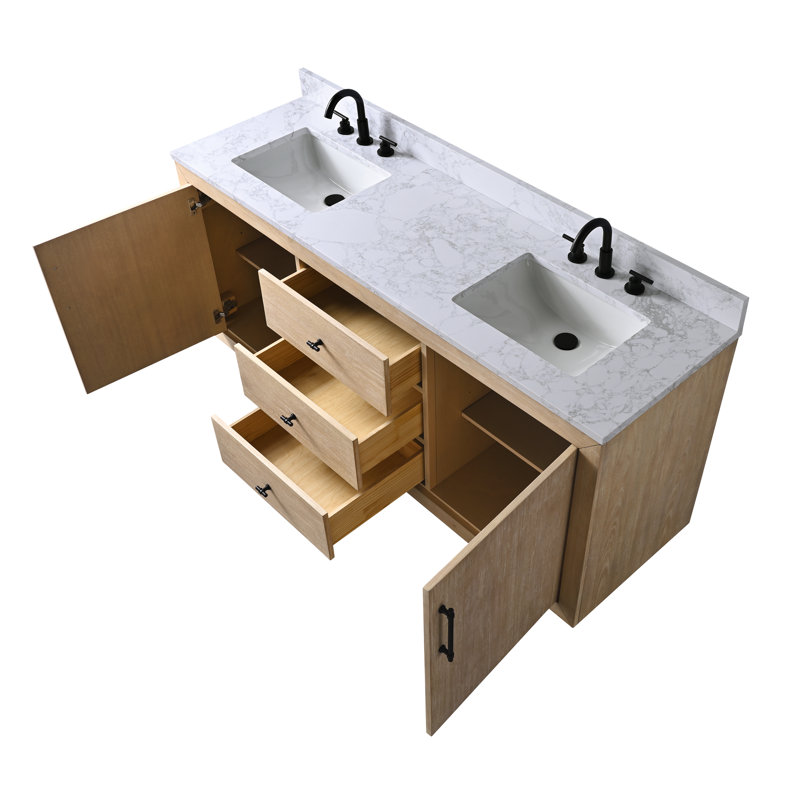 Meuble-lavabo double autoportant, Blanc Arabescato, Blé clair, 72"