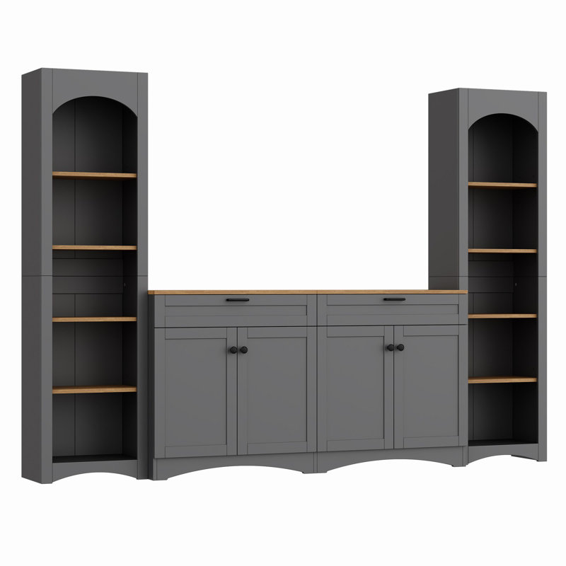 3-Piece Mid-Century Storage Cabinet Set With Bookshelf And Adjustable Shelves, Grey