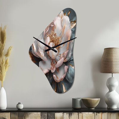 Rose et gris pivoines Blooming I - pivoines asymétriques en métal, horloge murale moderne de forme libre