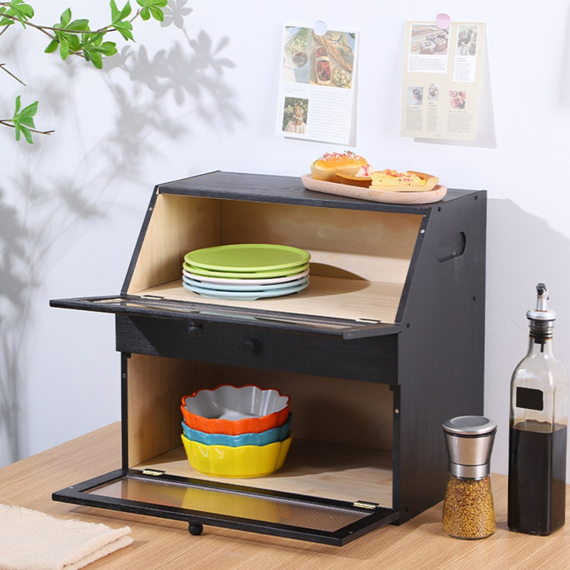 Bamboo Bread Bin Kitchen Storage Cabinet Loaf Bread Container Black 43*17.5*28Cm