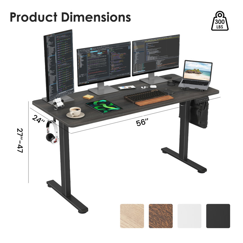 Bureau de travail électrique à hauteur réglable, H 45 po x l 56,3 po x P 24 po, Noyer / noir