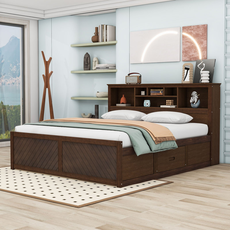 King Two Drawers Wood Platform Bed with Headboard and USB, Antique Wood