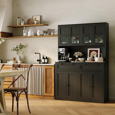 Kitchen Pantry Cabinet with Charging Station, Tall Hutch with Microwave Stand & Drawers