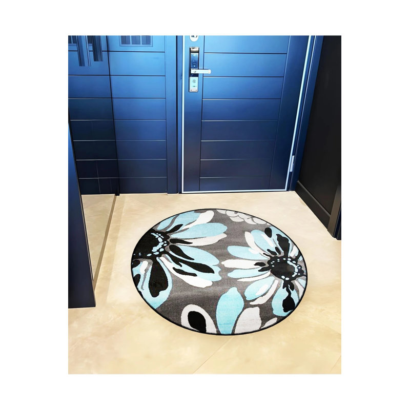 Blue Gray Themed Floral Patterned Round Woven Base Modern Decorative Carpet, Round 5'