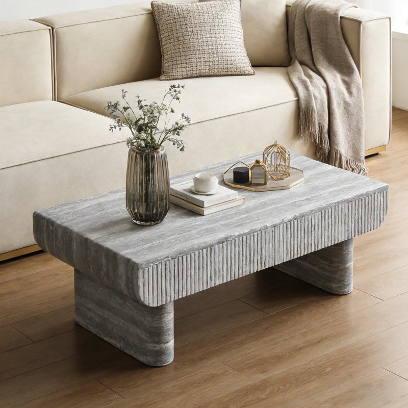 Table basse avec plateau en bois gris, table basse moderne Mid-Century avec tiroir cannelé, table basse de salon, bureau