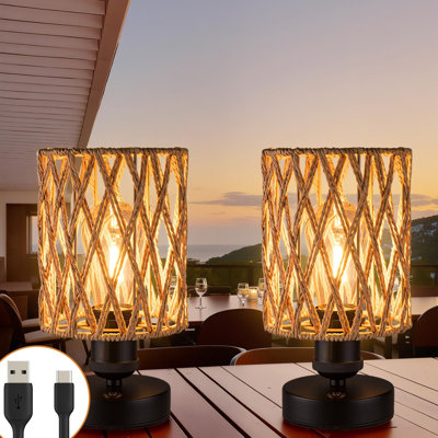 Cordless Outdoor Table Lamps, Small Rattan Boho, Rechargeable Battery Operated For Outdoor Patio, Home, Living Room, Bedroom, Bedside - Set Of 2 (Beige-A)