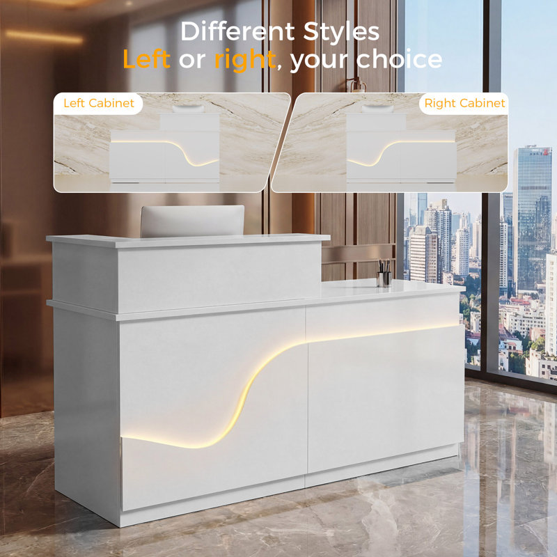 Modern Rectangular Reception Desk With Lockable Storage And RGB Lighting, 39.37" H x 62.99" W x 23.62" D
