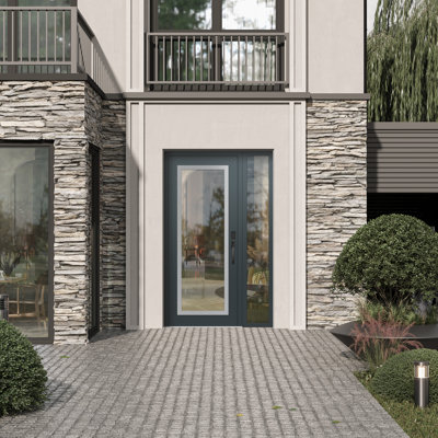 C1 Panel Silver Steel Anthracite/Anthracite With Sidelite Prehung Front Entry Door