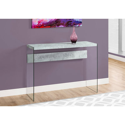 Table d'appoint étroite en stratifié gris avec verre trempé transparent - pour le salon, la chambre à coucher, la console du vestibule, style contemporain