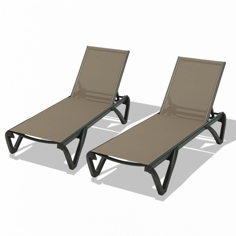 Outdoor Lounge Chair, 2 Pieces Aluminum Plastic Patio Chaise Lounge With 5 Position Adjustable Backrest, Khaki