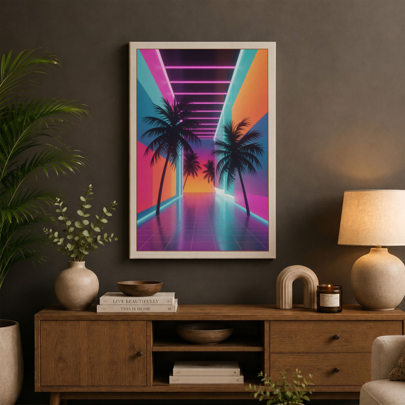 Neon Palm Corridor Retro - Wrapped Canvas, 36x24 - 91.4 x 61.0 cm, White Border