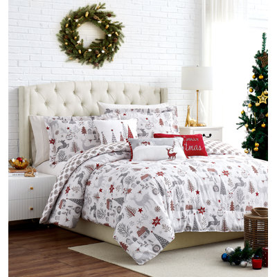 Holly Jolly Red/Gray Microfiber Reversible Comforter Set