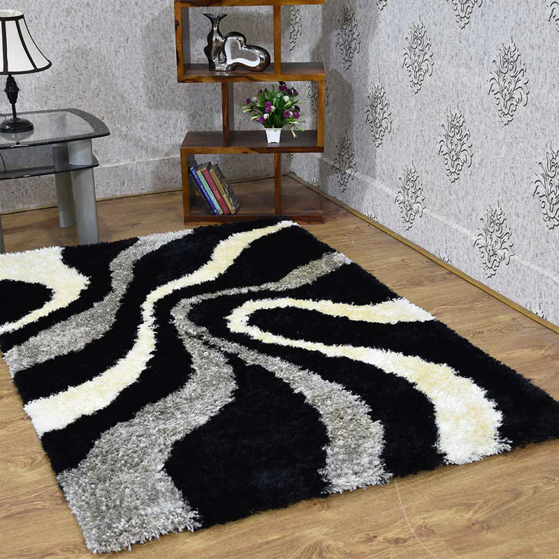Kenshawn Hand Tufted Shag Polyester Eco-Friendly Area Rugs - Rectangle, Black Beige Color, Contemporary Modern Design, High Pile Thick Handmade Anti Skid Area Rugs for Living Room, Bed Room