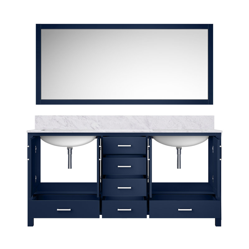 Meuble-lavabo double P 22 po, comptoir en marbre de Carrare et miroir 58 po, Marine, H 34,25 po x l 22 po x P 72 po