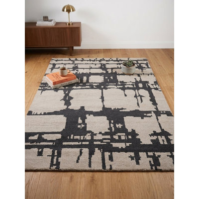 Tapis d'intérieur rectangulaire contemporain en laine beige anthracite, fait main et noué à la main